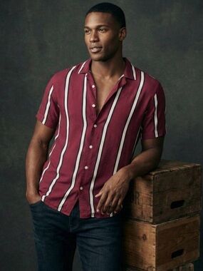 Hollister Burgundy Short Sleeve Vertical Stripe Button-Down Shirt